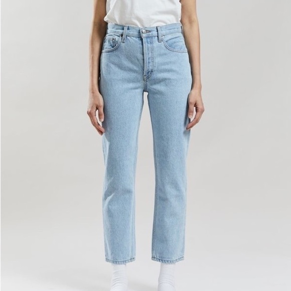 Still Here New York Wool Gingham Tate Denim Straight Mom Jeans Vintage Blue 24 - Picture 2 of 14